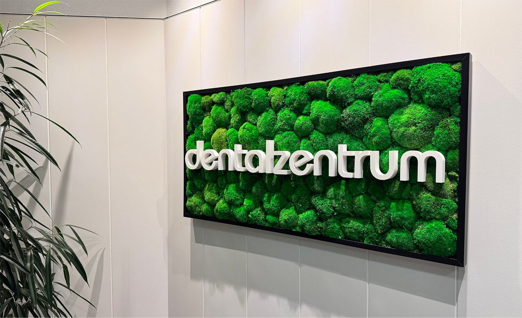 Eingang des Dentalzentrums mit Mooswand und Schriftzug